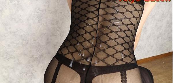  Lovely woman in bodystocking and high heels takes turns fingers, dick, a huge load on nylon - Anya Queen